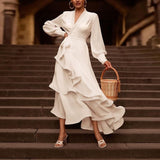 Woherb European Code Spring Summer New Women's Deep V Sexy Pure Color Long Temperament Dress Dress-Outfit