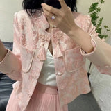 Woherb Texture Short Coat Female Spring And Autumn 2024 New Hot Style National Wind Plate Buckle Long Sleeve Jacket Autumn Women's Wear-Outfit
