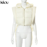 Kliou Side Hollow Out Women Cotton Jacket Unique Irregular Shape Bandage High Street Top Autumn Sleeveless Zipper Hooded