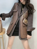 Minimalist Patchwork Pockets Jacket For Women Lapel Long Sleeve Solid PU Leather Slim Autumn Jackets 2021