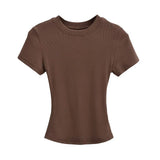 Trend Women's Wear Thread Slim Short-Sleeved T-Shirt Sexy Round Collar Solid Color Shoulder Show Thin Short Navel Blouse-Outfit