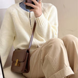 Woherb Waxy Gray Round Neck Sweater Knit Cardigan Coat Women's New Autumn And Winter With A Short Zipper Small Jacket-Outfit