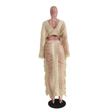 Hollow Out Hole Tassel 2 Piece Set Women Sexy Lace Up V Neck Crop Top + Long Skirts Skinny Club Party Beach Outfits 2023-Outfit