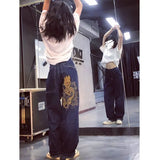 Y2K vintage streetwear dragon embroidery jeans female 2021 new loose wild trend wide leg plus size mom jeans high