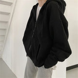 Women Korean Version Loose Hoodies Long Sleeve Zip Up Solid Pocket Oversized Sweatshirts Female Thin Harajuku Hooded Coat