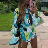 Fashion Y2K Ruffles Long Sleeve Floarl Print Tracksuit Women 2021 Summer Autumn Shirt Tops And Mini Shorts Two Piece