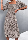 Sweet Square Collar Puff Sleeves Leopard Print Fit and Flare Holiday
