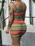 Kliou Mesh Striped Panelled Mini Dress Women Fashion Spaghetti Strap Multi-Color Body-Shaping Skirt Streetwear Female