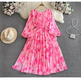 New Gentle Style Temperament Long-Sleeved Round Recipient Waist Thin Print Chiffon Big Swing Long Dress