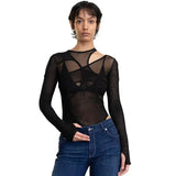 Woherb 2023 New Women's Wear Solid Color Sexy See-Through Stitching High Waist Long Sleeve Slim Jumpsuit-Outfit
