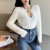 Sexy V Neck Women Cropped Sweater Korean Long Sleeve Knit Pullover Autumn Chic Temperament White Black Loose Short Top