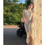 Bodycon White Turtleneck Knitting Midi Dresses for Women 2023 Autumn Winter New Elegant Party Split Vestidos Female Clothes-Outfit