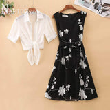 Summer Retro Flower Printed Dress And Solid Color Blouse Women Sets Fashion Female