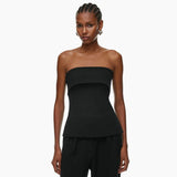 Chic Elegant Summer Women Turn Down Collar Tops Solid Color Strapless Sleeeveless Backless Side Ruched Slit Skinny T Sh-Outfit