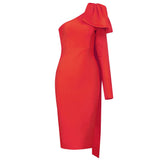 Quality Blue Orange Runway Bownot One Shoulder Long Sleeve Rayon Bandage Dress Cocktail Party Bodycon Dress