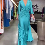 Woherb Summer New Fashion Sexy V-Neck Pleated Solid Color Loose Dress-Outfit