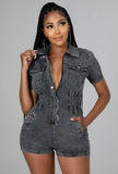 Short Sleeves Zip Up Denim