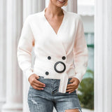 Elegant Women Cardigan Sweater Fashion Belt Autumn Knitted Double Breasted Long Sleeve Tunic Coat Sexy V Neck Black