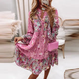 Boho Retro Floral Print Pleated Party Dress Spring V Neck Elegant Office Lady Dress 2021 Autumn Flare Sleeve Women Dress