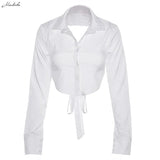 Spring Sexy Backless Lace Up Blouses Top Women Long Sleeve Autumn White Turn Down Neck Cropped Shirt Button Down