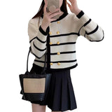 Woherb 2023 New Korean Version Loose Lazy Round Collar Striped Cardigan Design Sense Female Bump Color Sweater Coat-Outfit