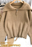 Solid Sweater Cardigan Women Sailor Collar Knitted Sweater Coats Casual Loose Zip Up Korean Fashion Knitwear Chic Tops-Outfit