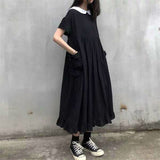 Sleeve Dress Women Peter Pan Collar Ankle-length Black 4XL Sweet Harajuku Girls Loose Summer Kawaii Pleated Long Trendy-Outfit