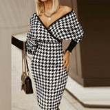 Elegant Women Dress 2021 Autumn Fashion Long-sleeved Sexy Deep V Neck Slim Party Dresses Vintage Printed Ladies Dress