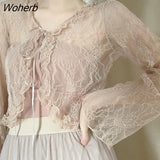 Shirts Women Long Sleeve Thin Lace Ruffles Hollow Out Slim Elegant Sweet Lovely Lolita Trendy Leisure Retro Chic Womens-Outfit