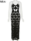 Kliou Unique Style Geometric Maxi Dress Women Elegant Spaghetti Strap Cleavage Backless Hollow Out Robe High Street Lady