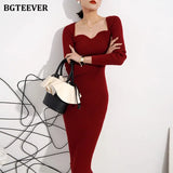 Vintage Square Collar Package Hip Knitted Dress Women Autumn Winter Full Sleeve Slim Fit Bodycon Sweater Dress Female-Outfit