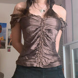 2000s Brown Satin T-shirt Y2K Vintage Fairy Grunge Button Lace-up Crop Top Cute Sweet Academia Alt Tees Women Outfits-Outfit