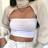 Autumn Women Female Solid Color High Collar Long Sleeve Mini Sweater Knitwear Pullover