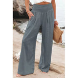 Summer 2022 Cotton Linen Style Women Loose Long Trousers Leisure Solid Color High Waist Ruched Beach Wide Leg Pants with