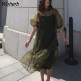 High Street Midi Dress Women Loose Puff Sleeve Fairy Korean Party Dress Female Streetwear Casual Y2k Dress 2021 Summer-Outfit