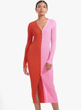 Contrast Color Commuting Button V Neck Long