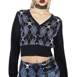 Style Skulls Print Knitwear E-girl Mall Goth Knitted Sweater Autumn V Neck Long Sleeve Crop Cardigan Women Vintage