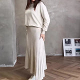 Woherb 2023 New Fashion Pure Color Round Collar Loose Casual High-Waisted Skirt Suit-Outfit