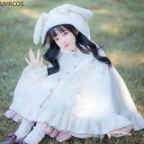 Winter Kawaii Lolita Woolen Shawl Coat Women Sweet Bow Bunny Ears Heart Shaped Button Capes Plush Warm Poncho Outerwear-Outfit