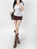 Trend Women's Wear Pure Wind Summer Drooping Feeling Shoulder Waist V-Collar Short Sleeves Thin T-Shirt Plain Color Simple Blouse-Outfit
