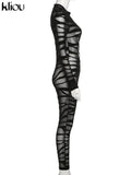 Kliou Midnight Style Jumpsuit Women Sexy Striped Mesh See Through Hollow Out One Pieces Cross Ribbons Sheath Club Female