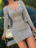 Autumn sexy goddess suit skirt two piece set short cardigan long sleeve slim Sling Dress with solid wood ear