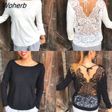 Sexy Backless Tshirts Lace-up White Shirt Women Lace Stitching T-shirt Woman Long Sleeve Black Casual Loose Tees 18499-Outfit