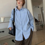 Designed Women Long Shirt Oversize Blue Long Sleeve Korean Loose Ladies Casual Blue Shirt Fashion Button Up Female