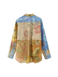 2023 Women Summer Shirts Blouses Tops Vintage Print Patchwork Satin Pocket Female Elegant Street Top Clothing-Outfit