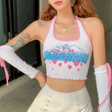 Harajuku Chic Vest Sweetheart Girl Lace Hanging Neck Suspender Sleeves Love Print Cute Kawaii Female All-match Tank Crop