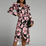 Autumn Vintage Floral Print V-neck Lace Up Dress Women Sexy Elegant Fashion Irregular High Slit Dresses Long Sleeve Robe-Outfit