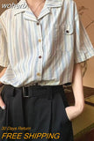 Elegant Women Blouses Women's Summer Tops 2023Striped Cuban Neck Short Sleeved Shirt for Women's Summer French Casual Shirt-Outfit