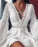 Women's A Line Dress Short Mini Dress White Black Red Long Sleeve Solid Color Ruffle Patchwork Chiffon Spring Summer Slim V