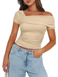 Solid color strapless wrap regular casual short sleeve backless shrunken Tee multicolor high quality pullover t-shirt-Outfit